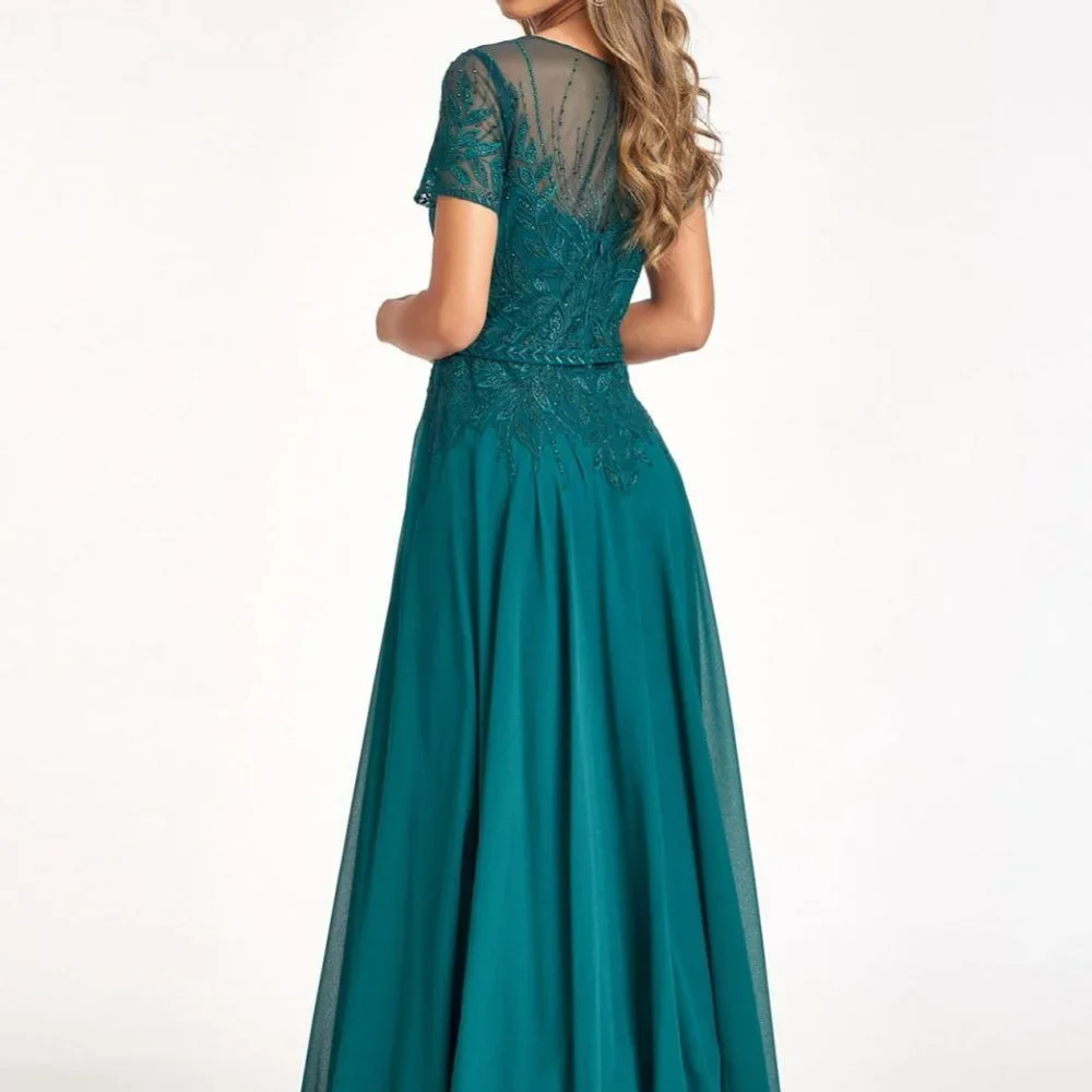 NEW TEAL Embroidered Chiffon A-line Dress w/ Short Sleeves and Waistband gl